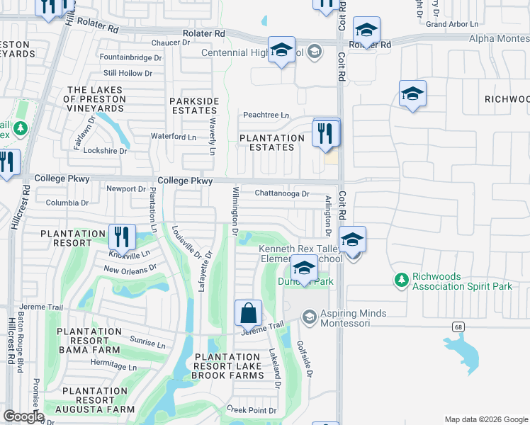 map of restaurants, bars, coffee shops, grocery stores, and more near 12105 Biloxi Drive in Frisco