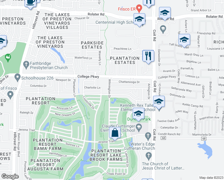 map of restaurants, bars, coffee shops, grocery stores, and more near 11915 Biloxi Drive in Frisco