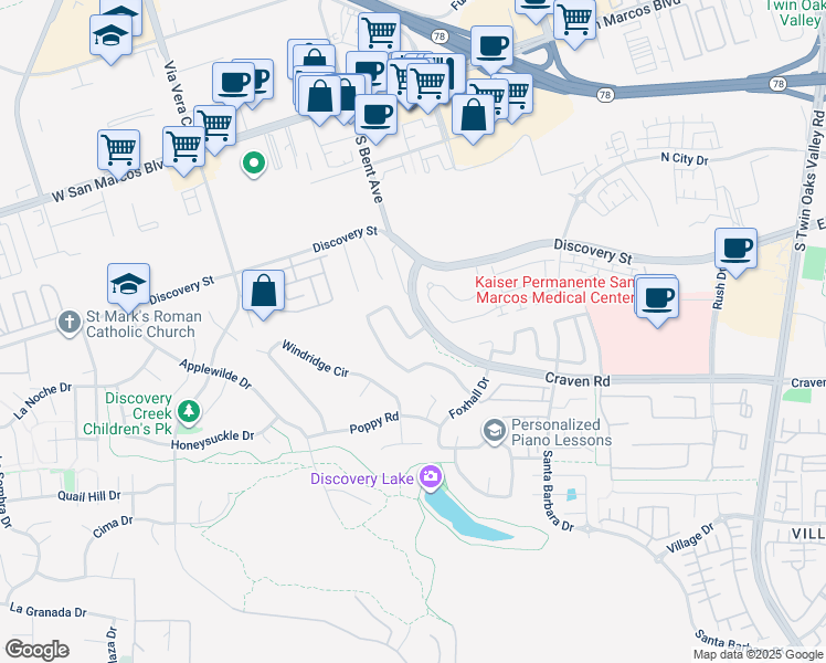 map of restaurants, bars, coffee shops, grocery stores, and more near 756 Lupine Drive in San Marcos
