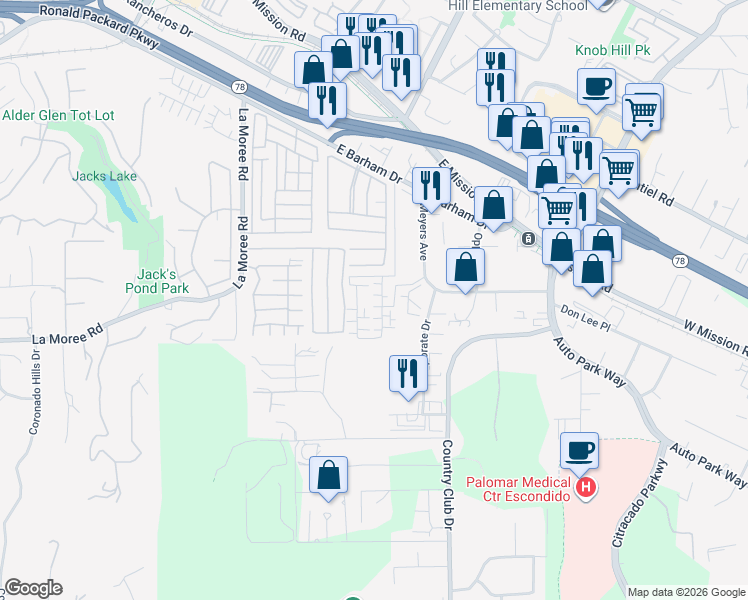map of restaurants, bars, coffee shops, grocery stores, and more near 1223 Barham Drive in San Marcos