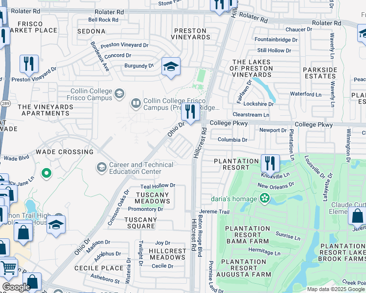 map of restaurants, bars, coffee shops, grocery stores, and more near 6214 Blythe Drive in Frisco