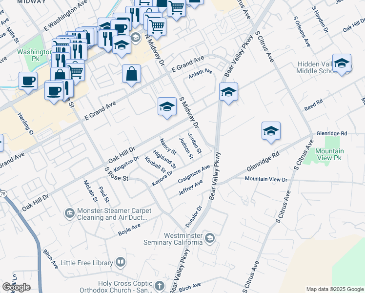 map of restaurants, bars, coffee shops, grocery stores, and more near 639 Judson Street in Escondido