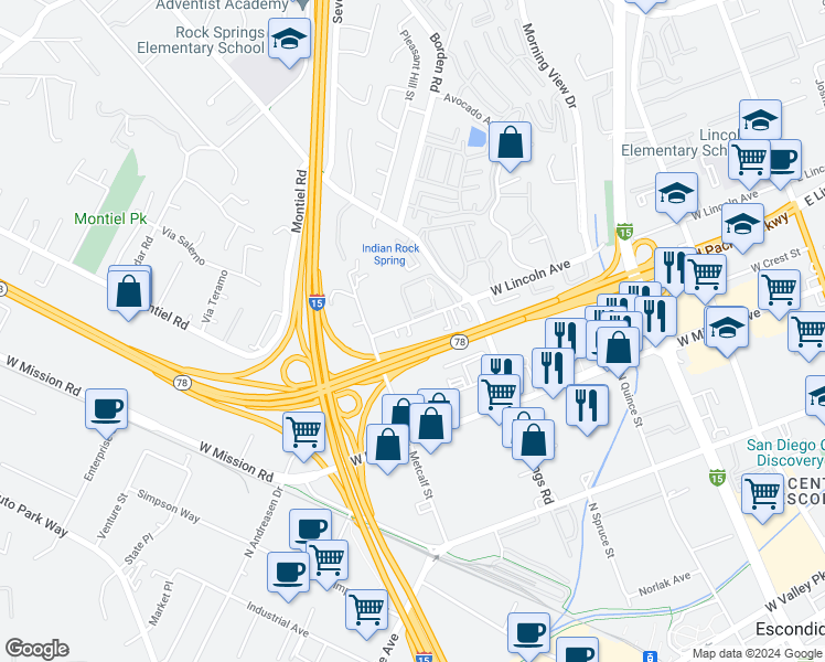 map of restaurants, bars, coffee shops, grocery stores, and more near 1031 West Lincoln Avenue in Escondido