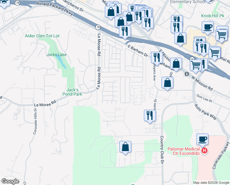 map of restaurants, bars, coffee shops, grocery stores, and more near 1175 La Moree Road in San Marcos