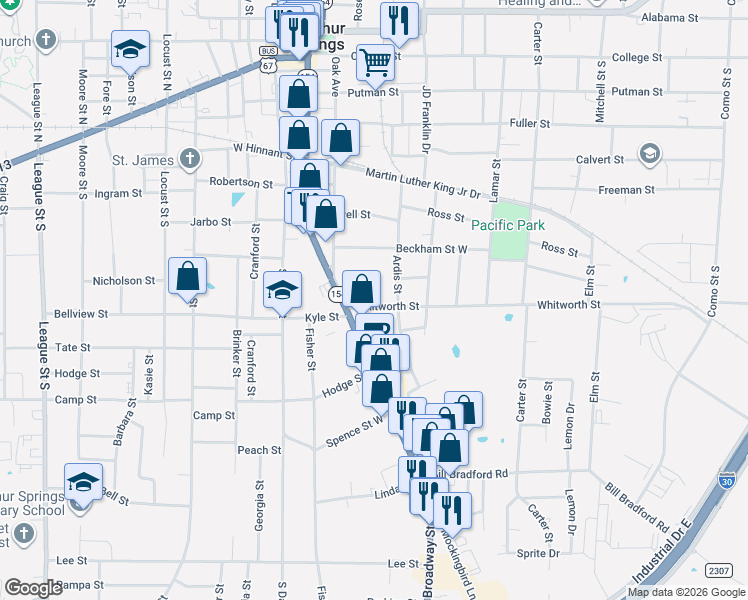 map of restaurants, bars, coffee shops, grocery stores, and more near 112 Whitworth Street in Sulphur Springs