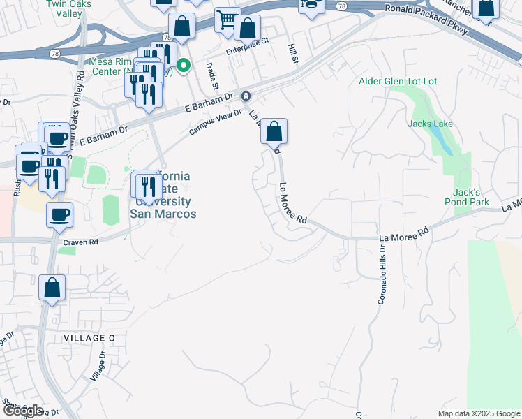 map of restaurants, bars, coffee shops, grocery stores, and more near 564 Via Del Caballo in San Marcos