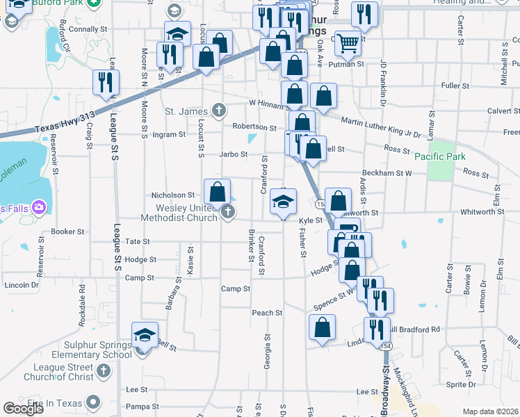 map of restaurants, bars, coffee shops, grocery stores, and more near 705 Cranford Street in Sulphur Springs