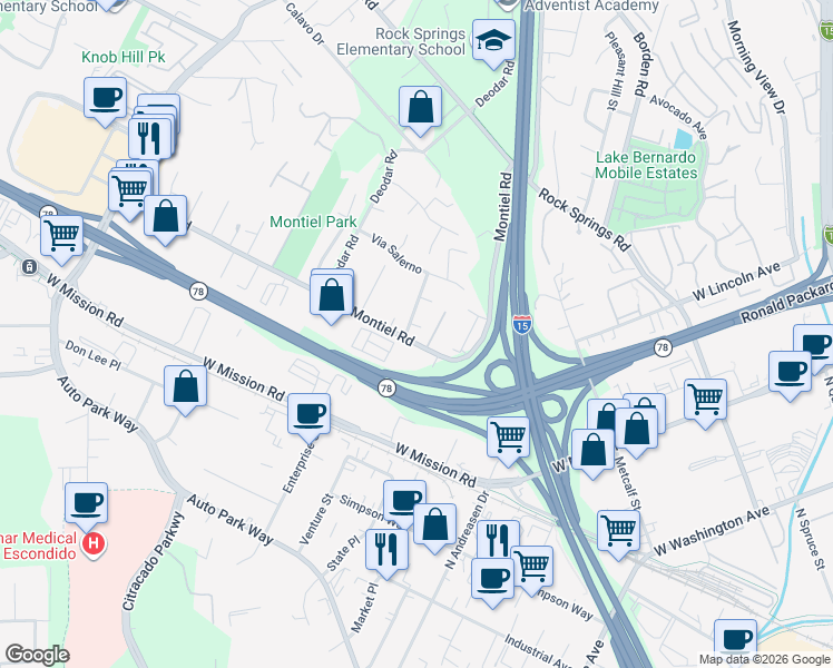 map of restaurants, bars, coffee shops, grocery stores, and more near 1487 Corte Rapallo in Escondido