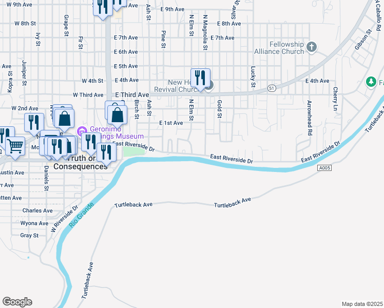 map of restaurants, bars, coffee shops, grocery stores, and more near 600-698 E Riverside Dr in Truth or Consequences