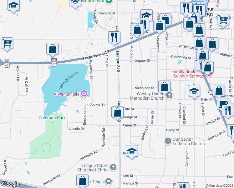map of restaurants, bars, coffee shops, grocery stores, and more near 323 League Street South in Sulphur Springs