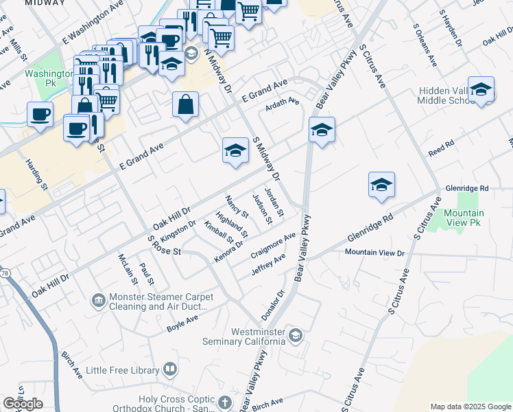 map of restaurants, bars, coffee shops, grocery stores, and more near 639 Judson Street in Escondido