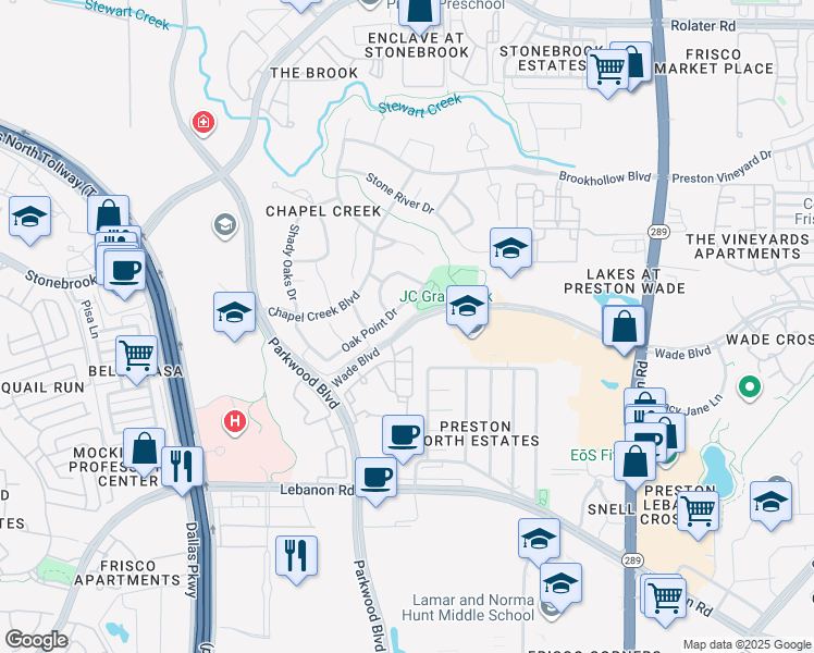 map of restaurants, bars, coffee shops, grocery stores, and more near 7997 Wade Boulevard in Frisco