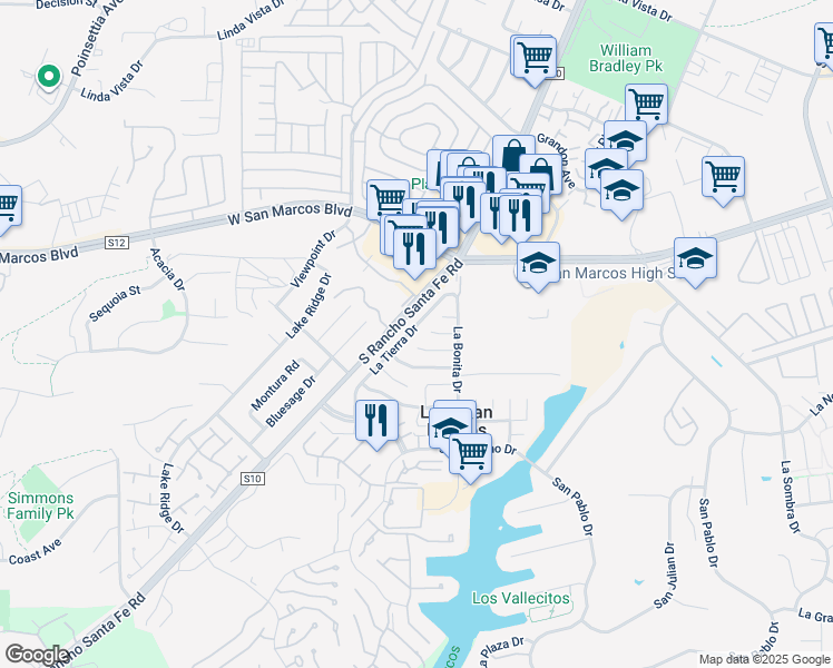 map of restaurants, bars, coffee shops, grocery stores, and more near 909 La Tierra Drive in San Marcos