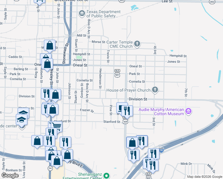 map of restaurants, bars, coffee shops, grocery stores, and more near 3924 Pine Street in Greenville