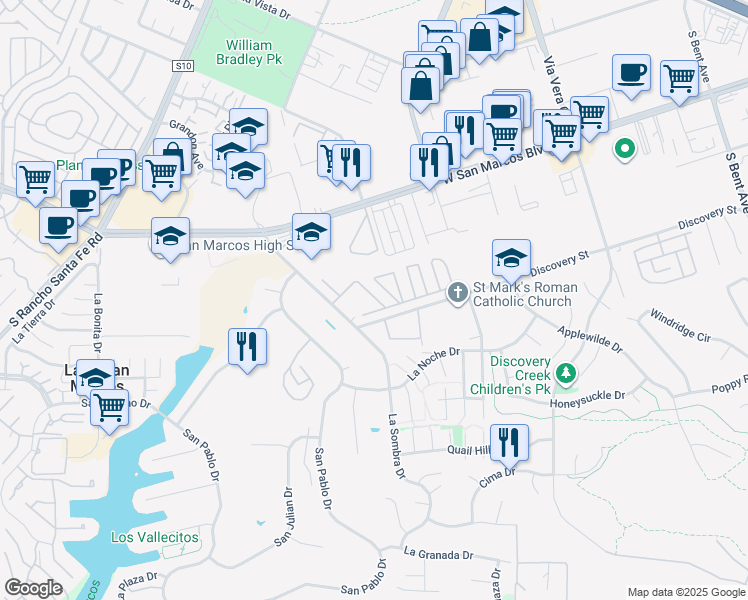 map of restaurants, bars, coffee shops, grocery stores, and more near 1286 Discovery Street in San Marcos