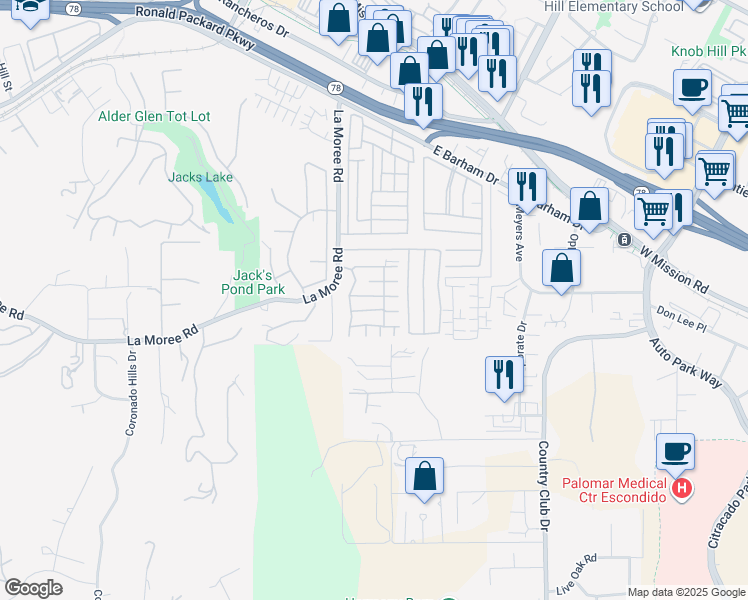 map of restaurants, bars, coffee shops, grocery stores, and more near 1175 La Moree Road in San Marcos