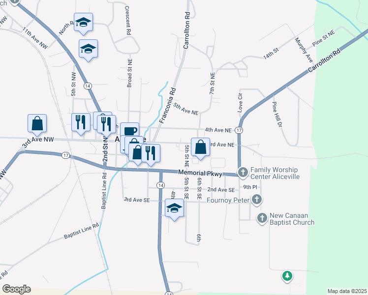 map of restaurants, bars, coffee shops, grocery stores, and more near 420 3rd Avenue Northeast in Aliceville