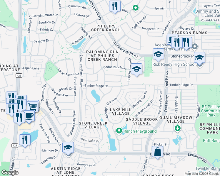 map of restaurants, bars, coffee shops, grocery stores, and more near 6093 Indigo Sky Drive in Frisco
