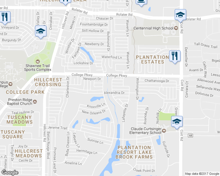 map of restaurants, bars, coffee shops, grocery stores, and more near 6109 Louisville Drive in Frisco