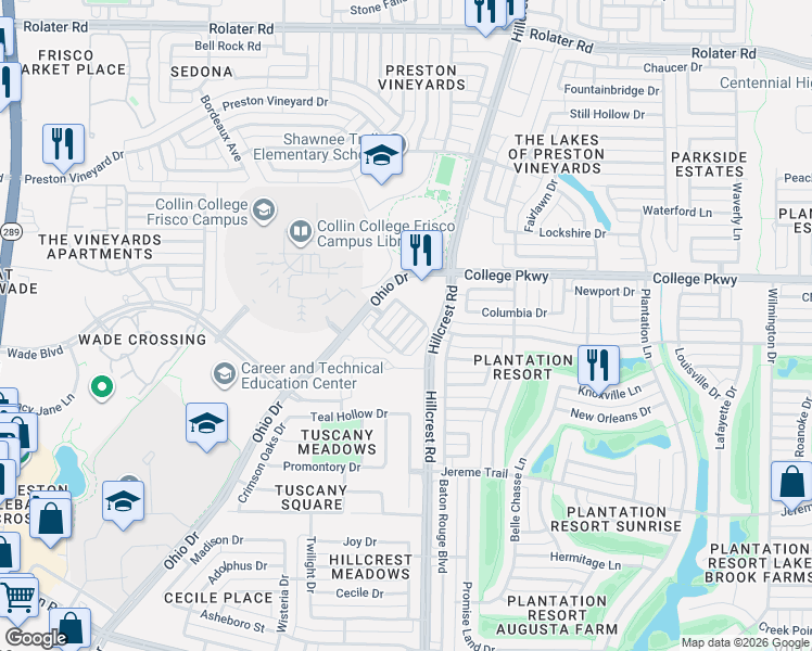 map of restaurants, bars, coffee shops, grocery stores, and more near 6214 Blythe Drive in Frisco