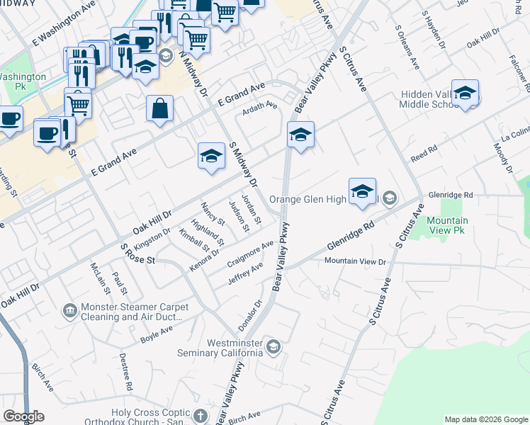 map of restaurants, bars, coffee shops, grocery stores, and more near 1948 Kenora Drive in Escondido