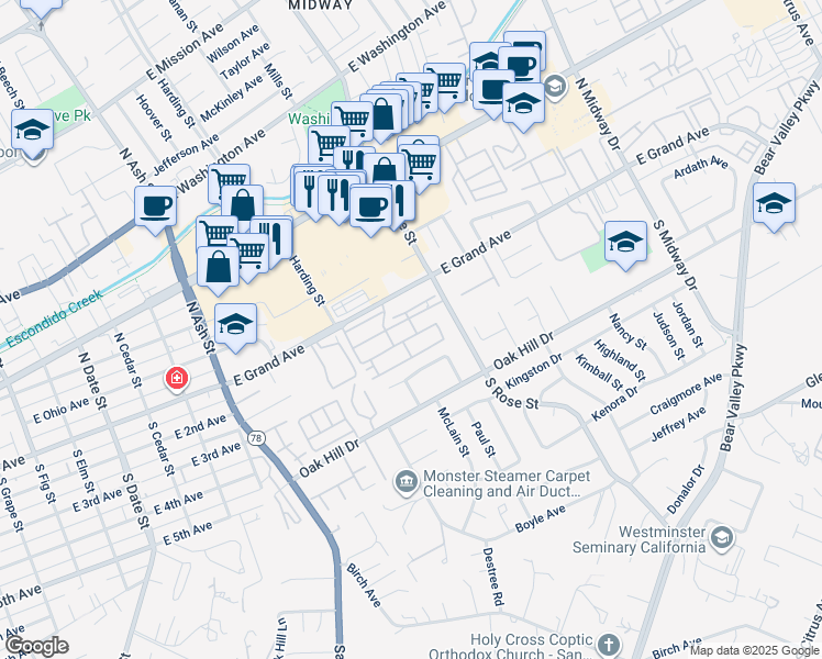 map of restaurants, bars, coffee shops, grocery stores, and more near 1501 East Grand Avenue in Escondido
