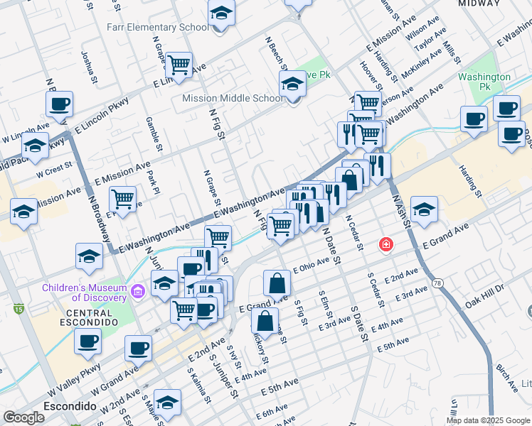 map of restaurants, bars, coffee shops, grocery stores, and more near 506 North Fig Street in Escondido