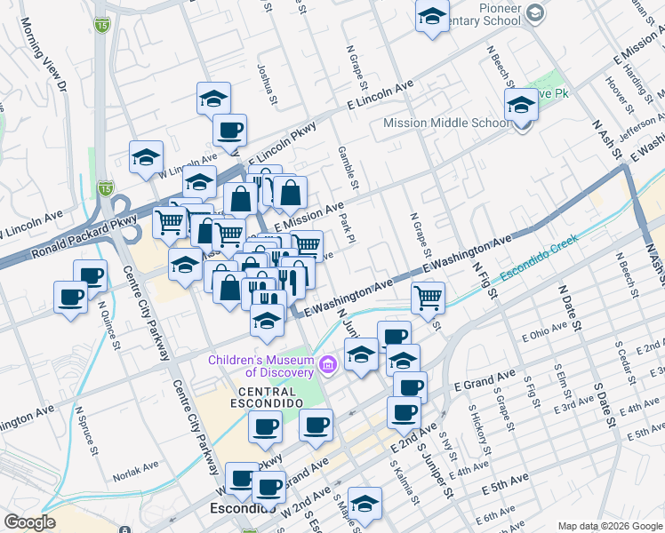 map of restaurants, bars, coffee shops, grocery stores, and more near 652 North Juniper Street in Escondido