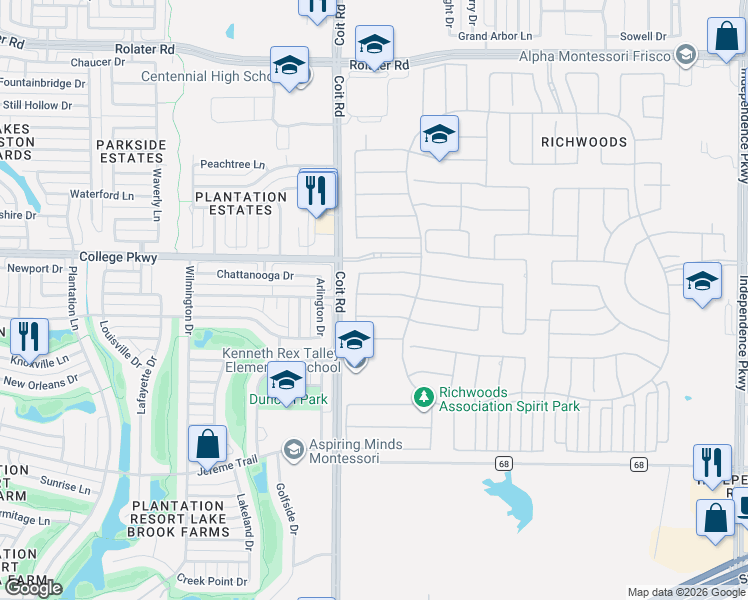 map of restaurants, bars, coffee shops, grocery stores, and more near 12951 Sellaronda Way in Frisco