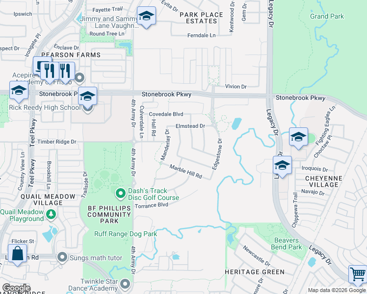 map of restaurants, bars, coffee shops, grocery stores, and more near 6135 Stockwell Drive in Frisco