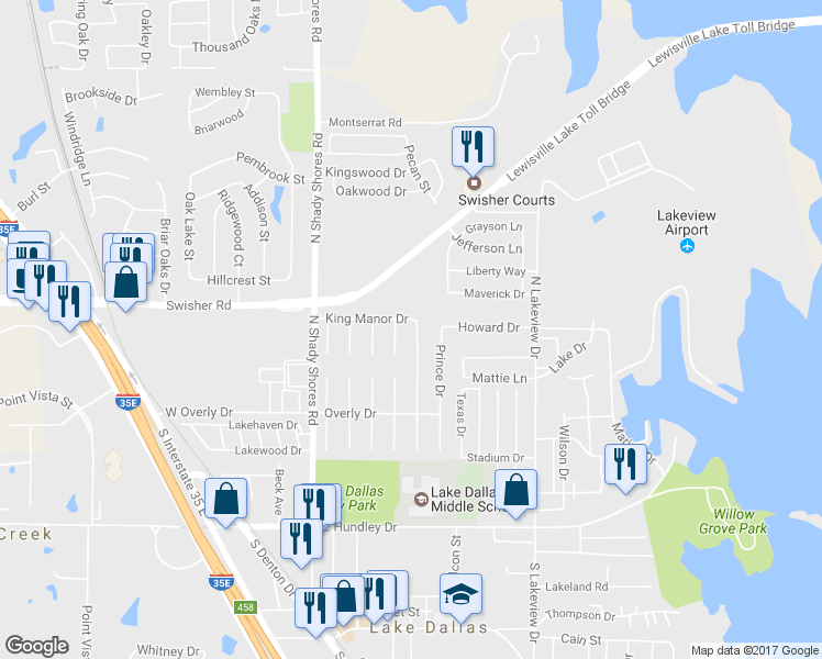 map of restaurants, bars, coffee shops, grocery stores, and more near 5431 King Manor Drive in Lake Dallas