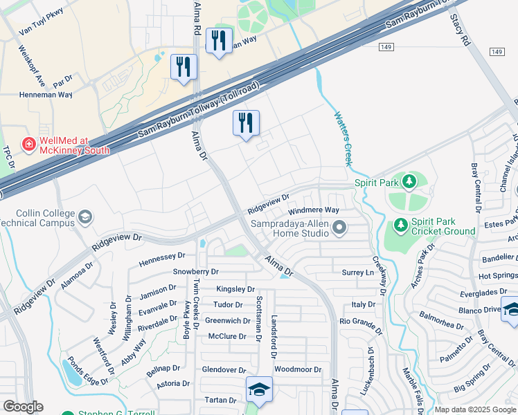 map of restaurants, bars, coffee shops, grocery stores, and more near 1408 Ridgeview Drive in Allen