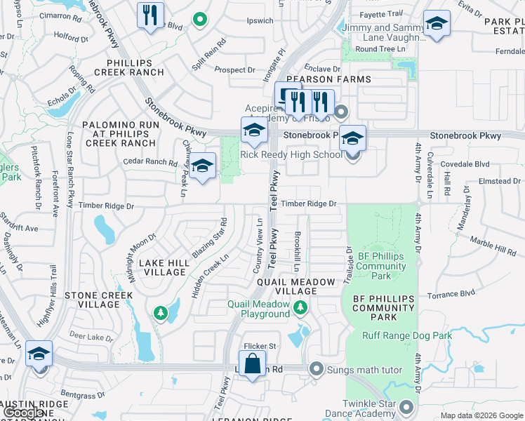 map of restaurants, bars, coffee shops, grocery stores, and more near 2378 Quiet Oaks Lane in Frisco