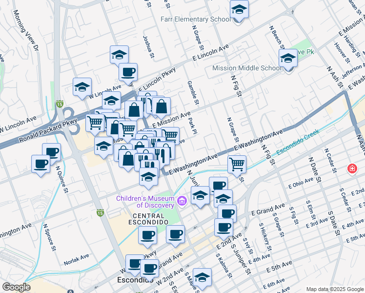 map of restaurants, bars, coffee shops, grocery stores, and more near 652 North Juniper Street in Escondido