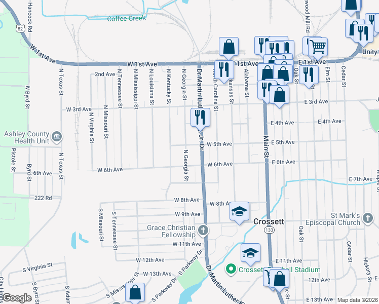 map of restaurants, bars, coffee shops, grocery stores, and more near 503 North Georgia Street in Crossett