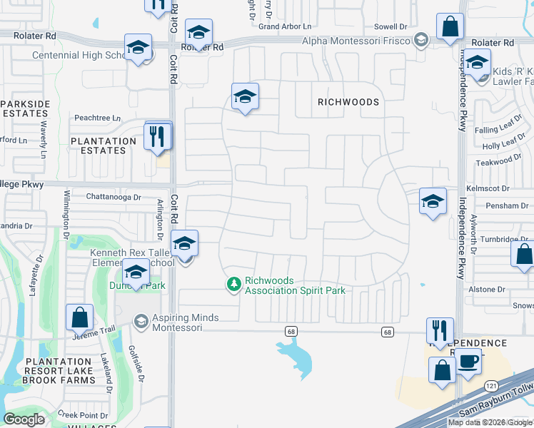 map of restaurants, bars, coffee shops, grocery stores, and more near 13372 Sellaronda Way in Frisco