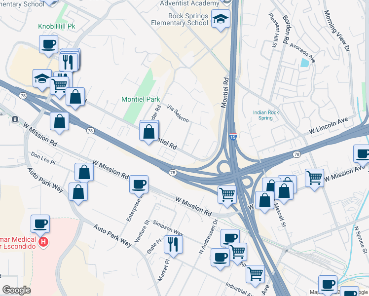 map of restaurants, bars, coffee shops, grocery stores, and more near 1499 Corte Rapallo in Escondido