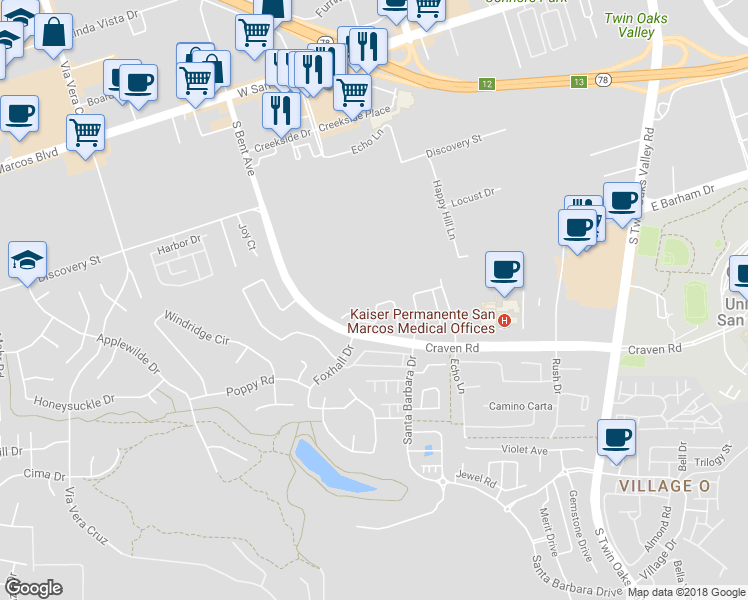 map of restaurants, bars, coffee shops, grocery stores, and more near 656 Sonoma Street in San Marcos