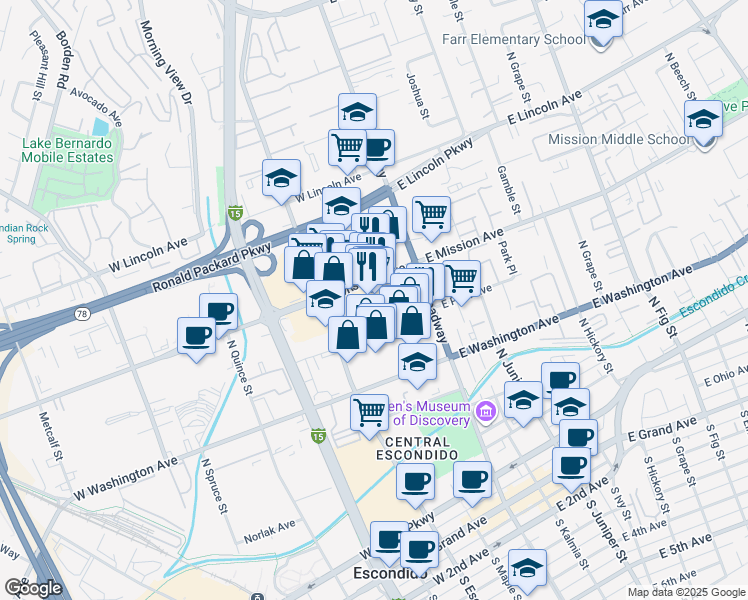 map of restaurants, bars, coffee shops, grocery stores, and more near 201 West Mission Avenue in Escondido