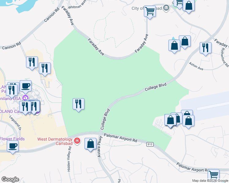 map of restaurants, bars, coffee shops, grocery stores, and more near 6036-6268 College Boulevard in Carlsbad