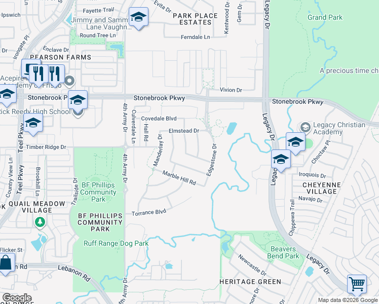 map of restaurants, bars, coffee shops, grocery stores, and more near 6138 Loxton Boulevard in Frisco