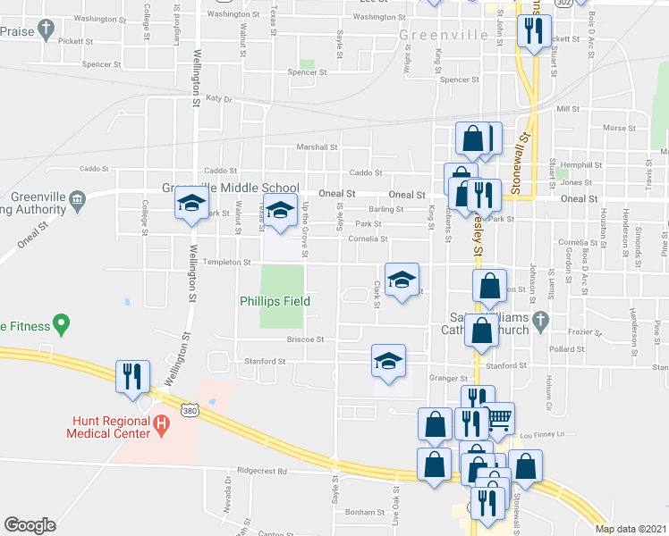 map of restaurants, bars, coffee shops, grocery stores, and more near 3501 Templeton Street in Greenville