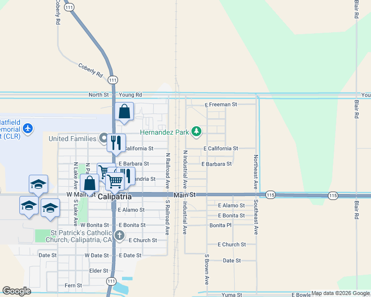 map of restaurants, bars, coffee shops, grocery stores, and more near 441 East California Street in Calipatria