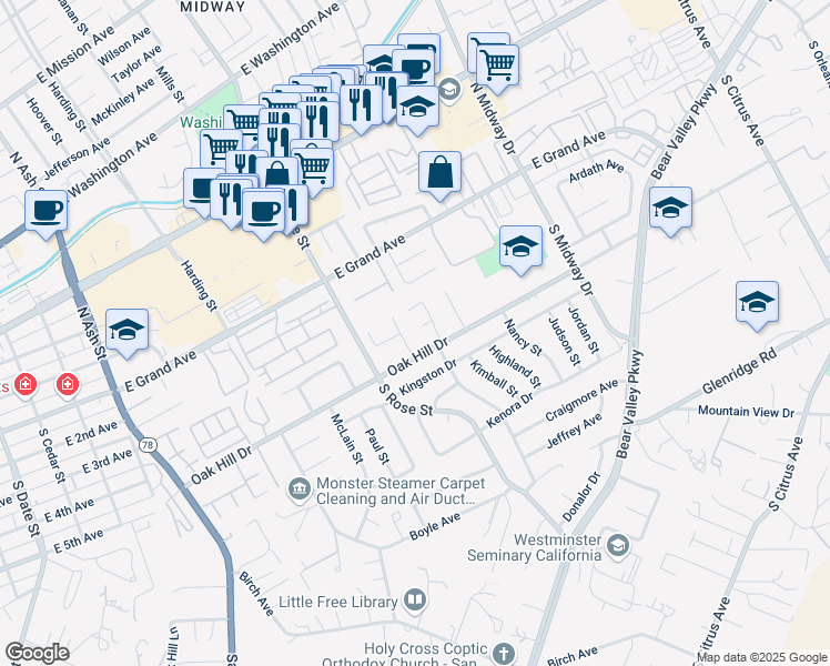 map of restaurants, bars, coffee shops, grocery stores, and more near 1700 Manchester Place in Escondido