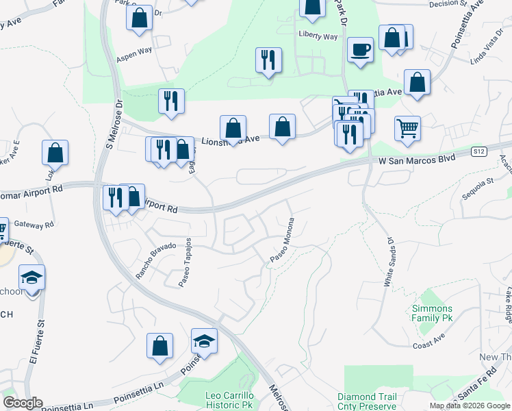 map of restaurants, bars, coffee shops, grocery stores, and more near 6010 Paseo Alameda in Carlsbad