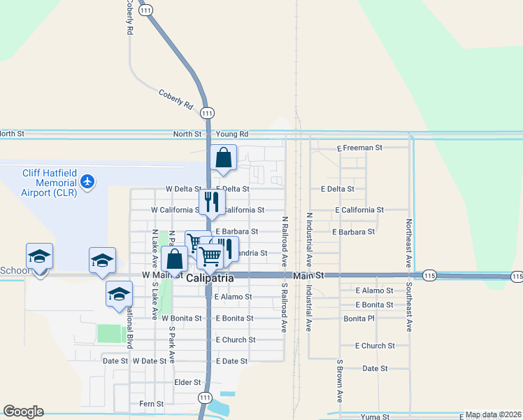 map of restaurants, bars, coffee shops, grocery stores, and more near 247 East California Street in Calipatria