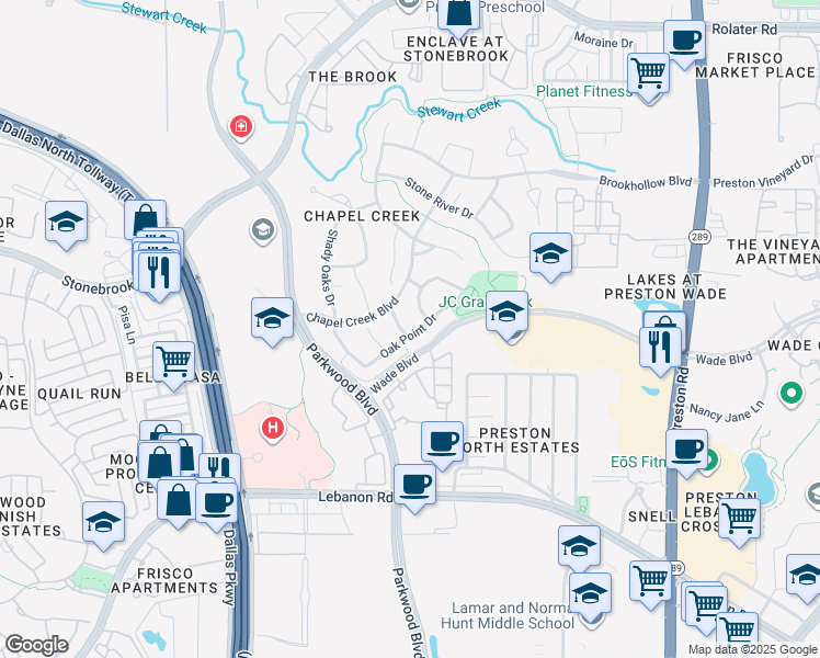 map of restaurants, bars, coffee shops, grocery stores, and more near 6006 Connely Dr in Frisco