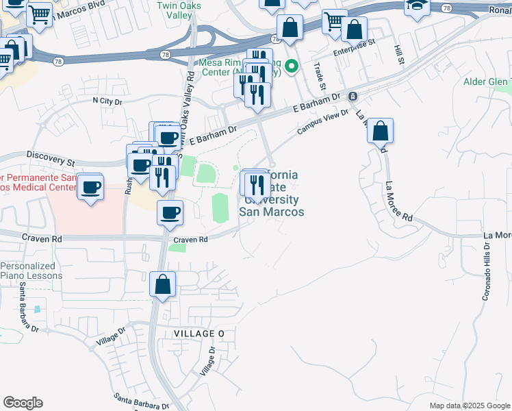 map of restaurants, bars, coffee shops, grocery stores, and more near 333 South Twin Oaks Valley Road in San Marcos