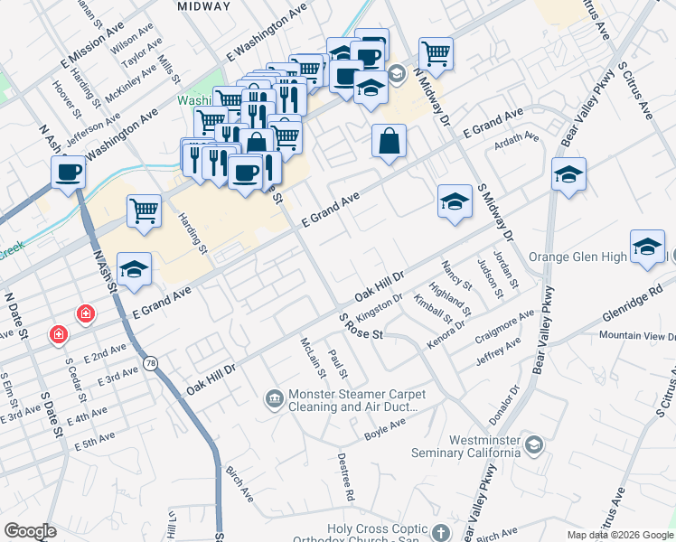 map of restaurants, bars, coffee shops, grocery stores, and more near 1624 Hawk Ridge Place in Escondido