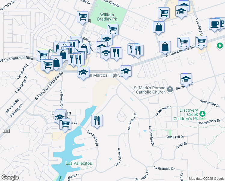 map of restaurants, bars, coffee shops, grocery stores, and more near 1319 San Pablo Court in San Marcos